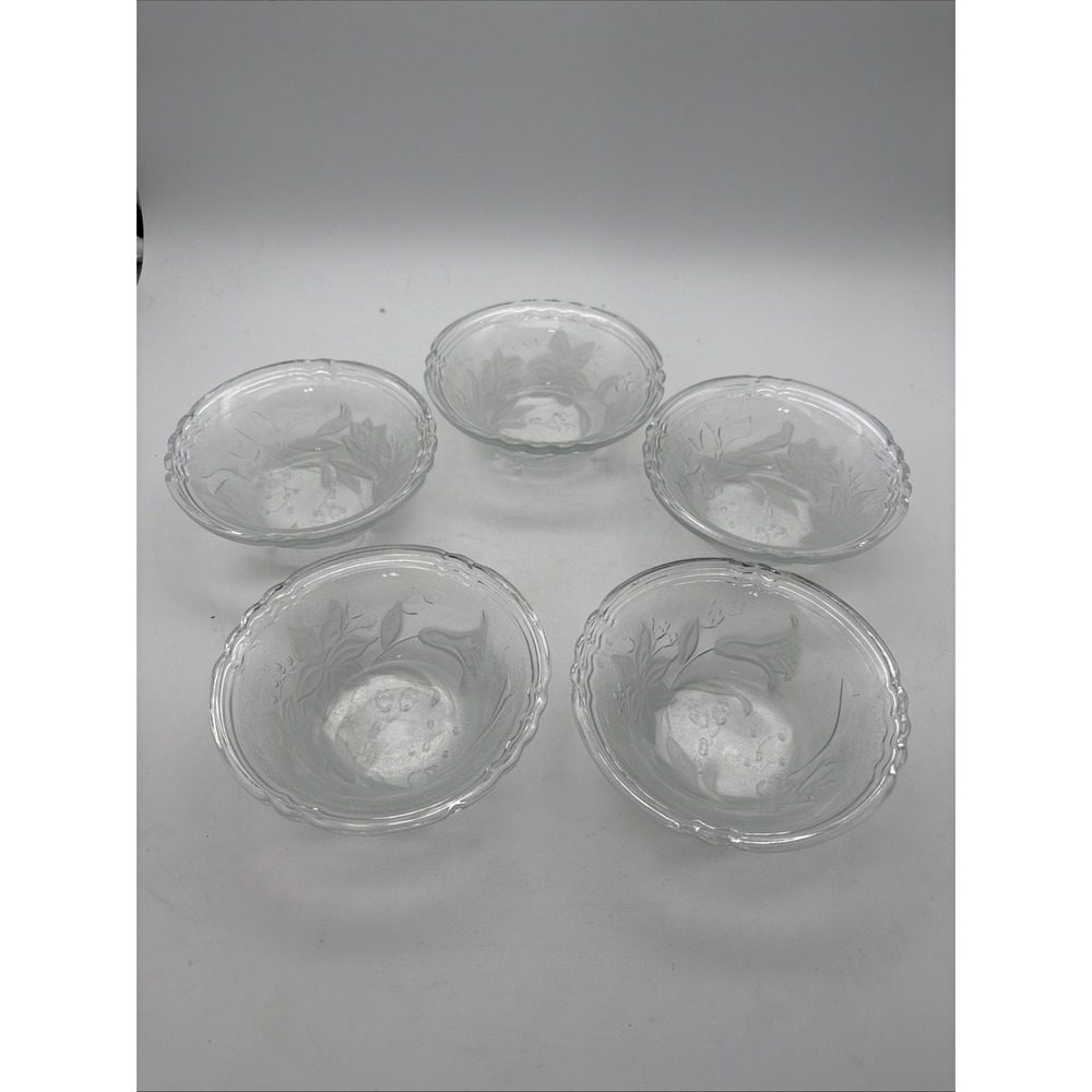 Set Of 5 Clear Floral Dessert Bowls Outside Frosted Floral Design 5"